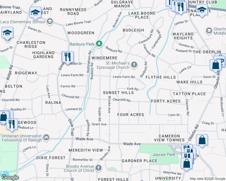 map of restaurants, bars, coffee shops, grocery stores, and more near 1417 Canterbury Road in Raleigh