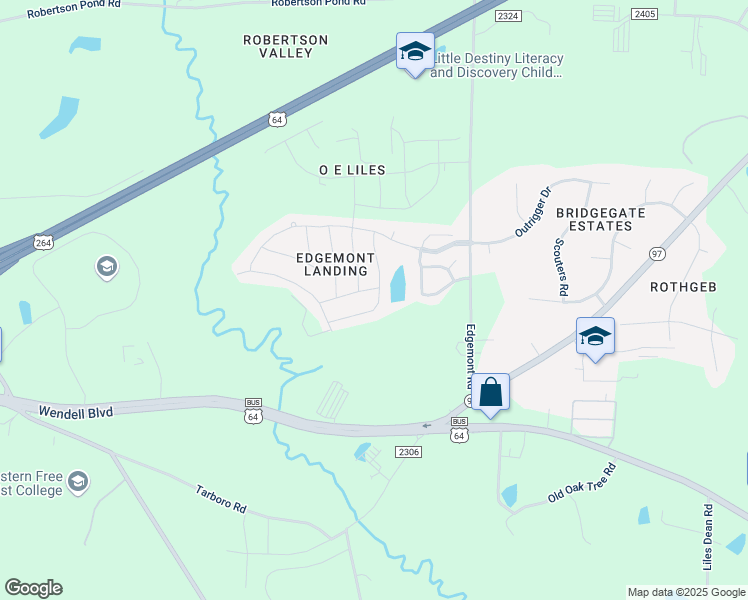map of restaurants, bars, coffee shops, grocery stores, and more near 5893 Sandpiper Farm Lane in Wendell