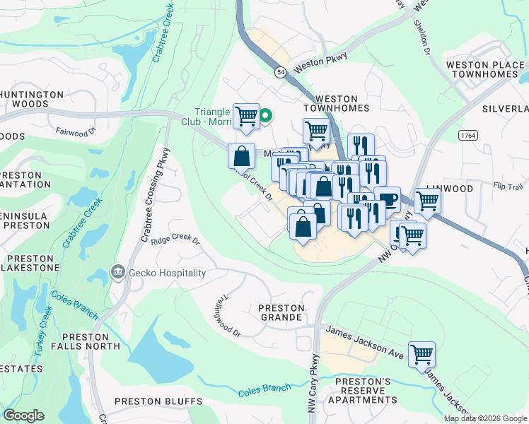 map of restaurants, bars, coffee shops, grocery stores, and more near 3016 Bristol Creek Drive in Morrisville