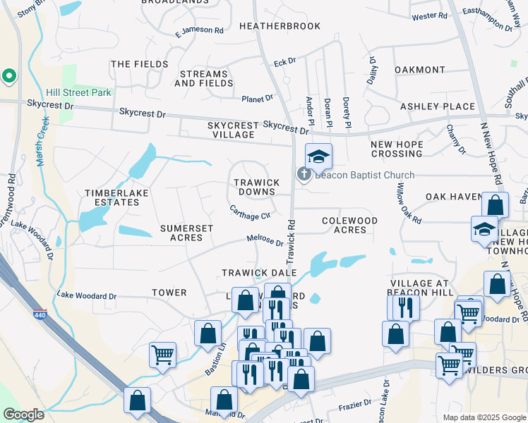 map of restaurants, bars, coffee shops, grocery stores, and more near 1908 Carthage Circle in Raleigh