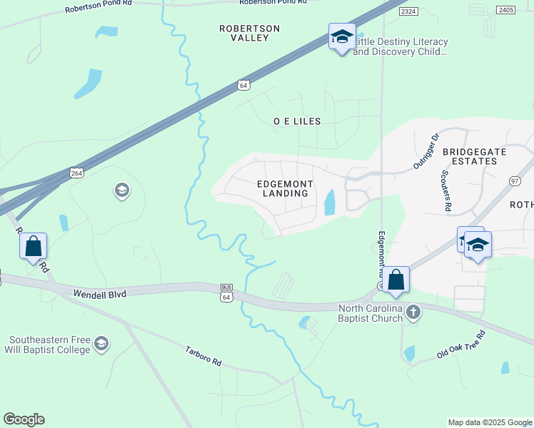 map of restaurants, bars, coffee shops, grocery stores, and more near 1205 Turkey Trot Road in Wendell