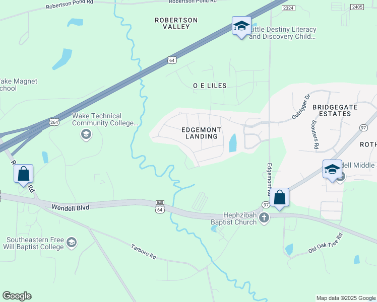 map of restaurants, bars, coffee shops, grocery stores, and more near 1205 Turkey Trot Road in Wendell
