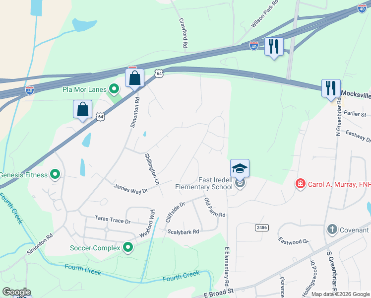 map of restaurants, bars, coffee shops, grocery stores, and more near 2446 Falcon Lane in Statesville