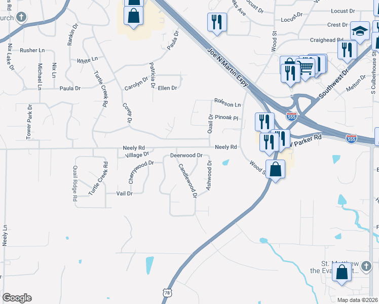 map of restaurants, bars, coffee shops, grocery stores, and more near 1800 Deerwood Drive in Jonesboro