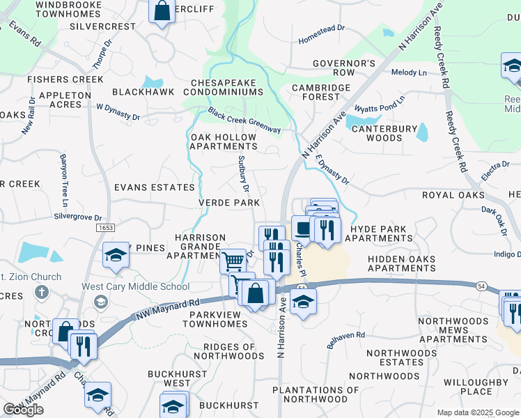 map of restaurants, bars, coffee shops, grocery stores, and more near 319 Roberts Ridge Drive in Cary