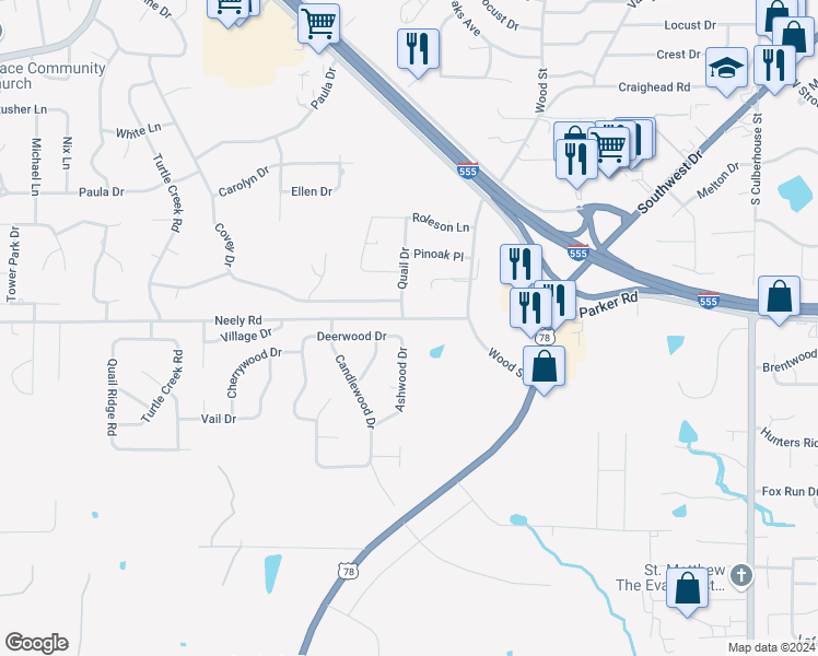 map of restaurants, bars, coffee shops, grocery stores, and more near 3102 Ashwood Drive in Jonesboro
