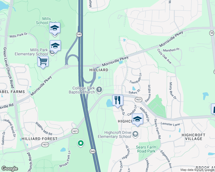 map of restaurants, bars, coffee shops, grocery stores, and more near 102 Hilliard Lane in Cary