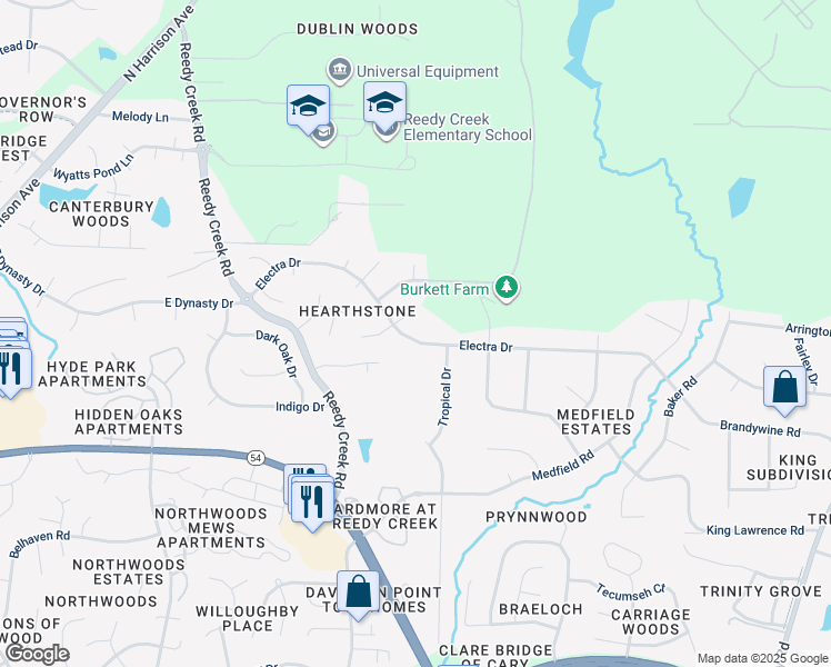 map of restaurants, bars, coffee shops, grocery stores, and more near 405 Electra Drive in Cary