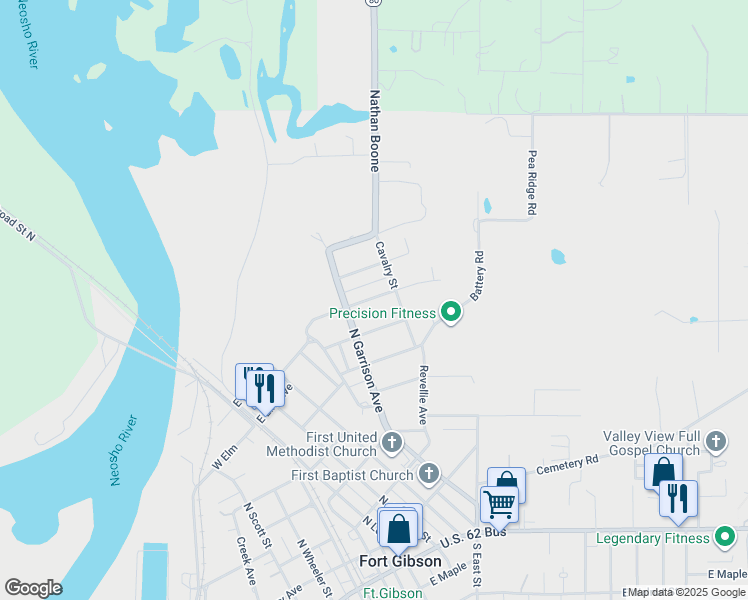 map of restaurants, bars, coffee shops, grocery stores, and more near 519 East Irving Street in Fort Gibson