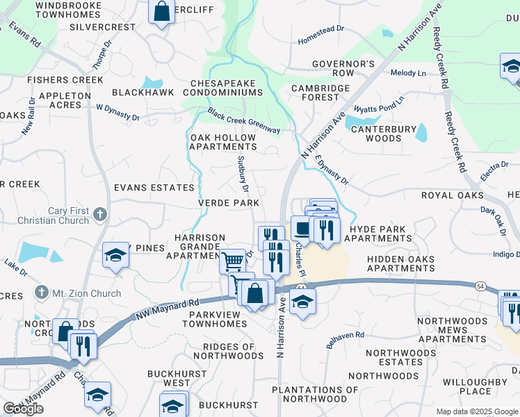map of restaurants, bars, coffee shops, grocery stores, and more near 321 Roberts Ridge Drive in Cary
