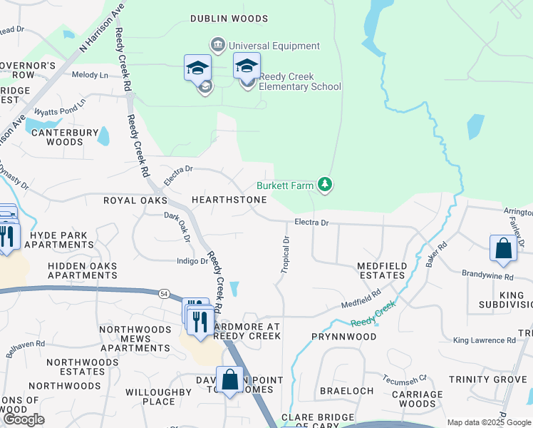 map of restaurants, bars, coffee shops, grocery stores, and more near 405 Electra Drive in Cary