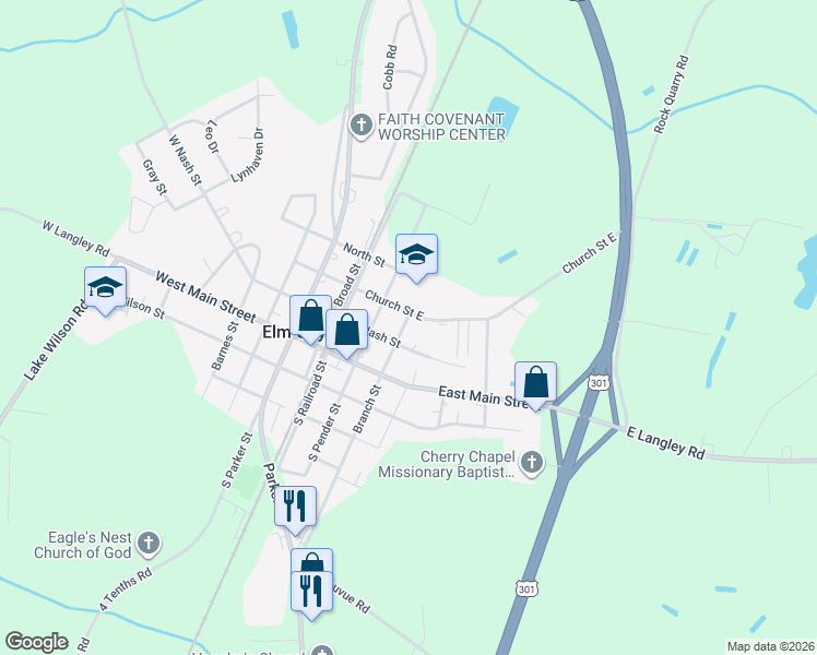 map of restaurants, bars, coffee shops, grocery stores, and more near 204 Branch Street in Elm City