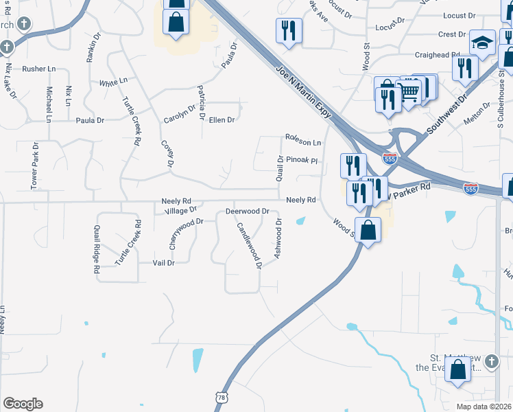 map of restaurants, bars, coffee shops, grocery stores, and more near 1800 Deerwood Drive in Jonesboro