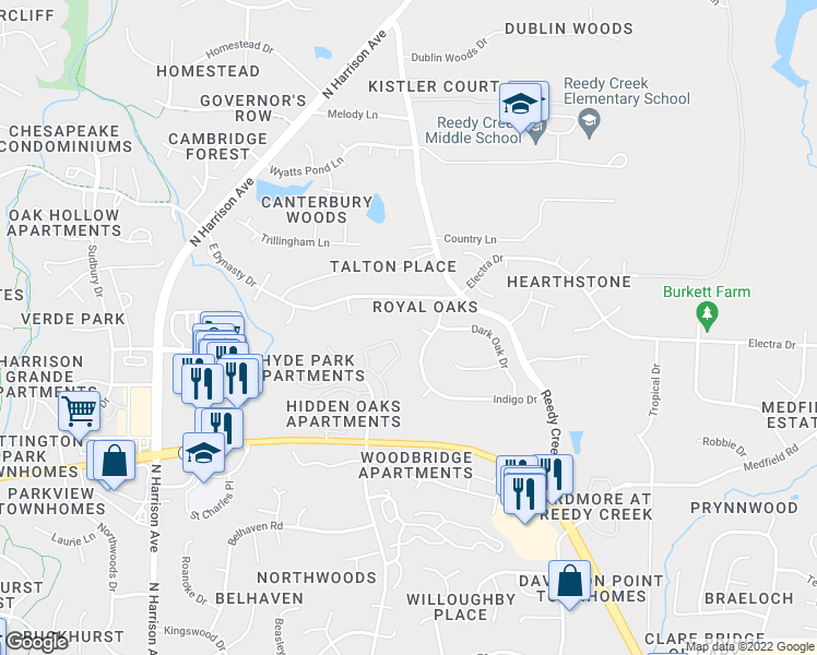 map of restaurants, bars, coffee shops, grocery stores, and more near 105 Goldwood Ct in Cary