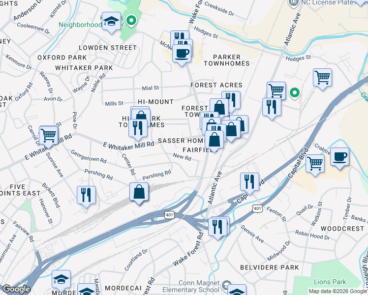 map of restaurants, bars, coffee shops, grocery stores, and more near 1904 Fairfield Drive in Raleigh