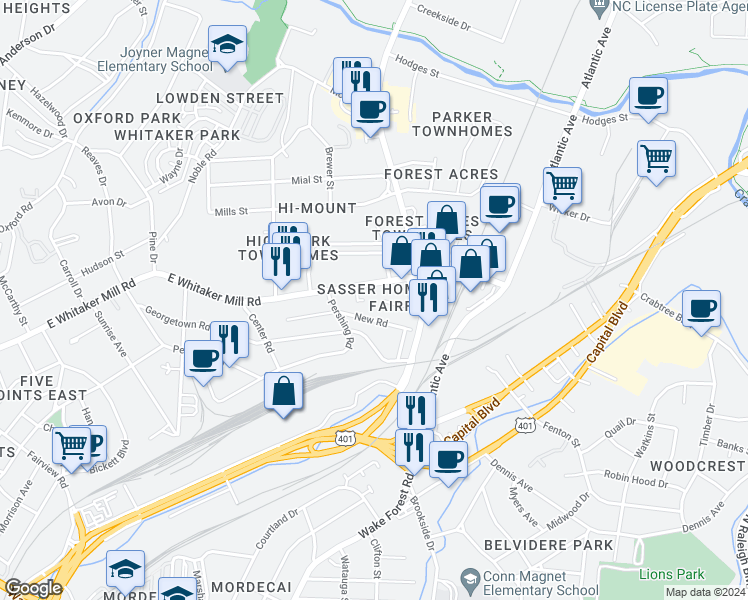 map of restaurants, bars, coffee shops, grocery stores, and more near 1904 Fairfield Drive in Raleigh