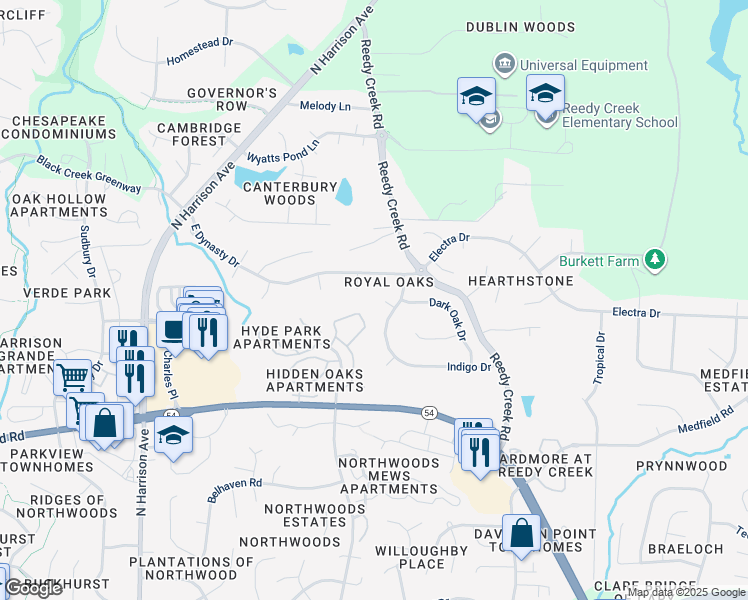 map of restaurants, bars, coffee shops, grocery stores, and more near 105 Goldwood Court in Cary