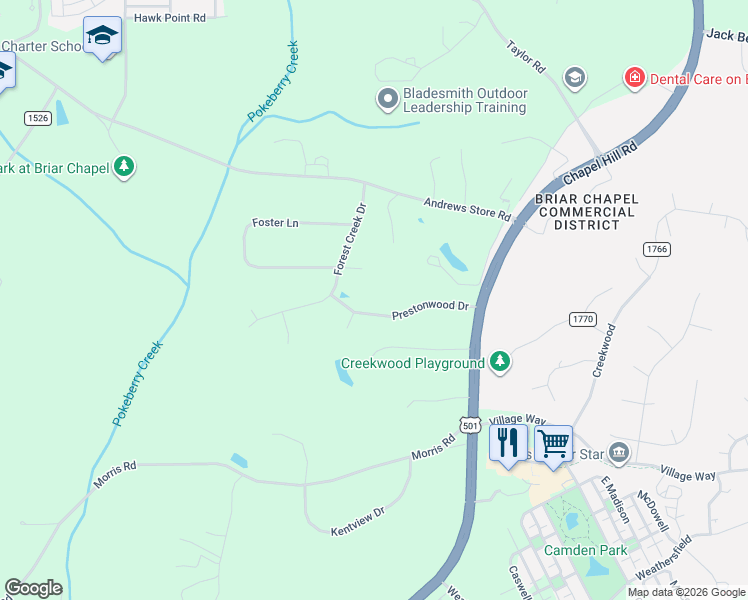 map of restaurants, bars, coffee shops, grocery stores, and more near 240 Prestonwood Drive in Pittsboro