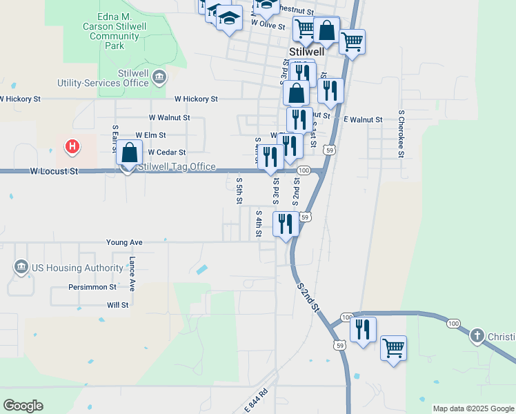 map of restaurants, bars, coffee shops, grocery stores, and more near 800 South 4th Place in Stilwell