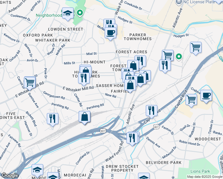 map of restaurants, bars, coffee shops, grocery stores, and more near 1906 Fairfield Drive in Raleigh