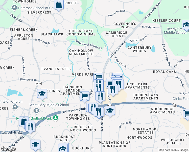map of restaurants, bars, coffee shops, grocery stores, and more near 321 Roberts Ridge Drive in Cary