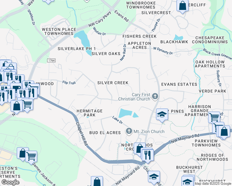map of restaurants, bars, coffee shops, grocery stores, and more near 107 Ashley Glen Drive in Cary