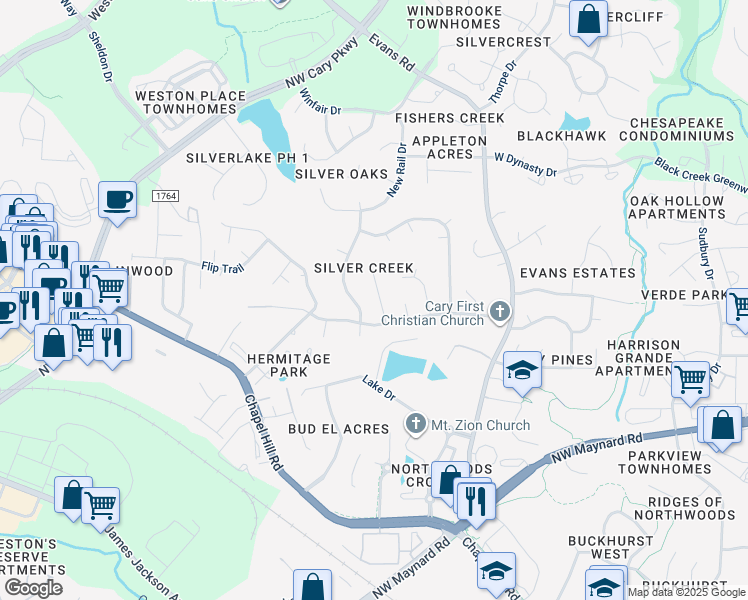 map of restaurants, bars, coffee shops, grocery stores, and more near 107 Ashley Glen Drive in Cary