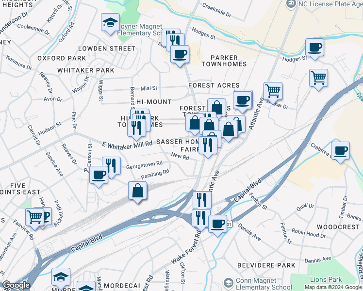 map of restaurants, bars, coffee shops, grocery stores, and more near 1904 Fairfield Drive in Raleigh