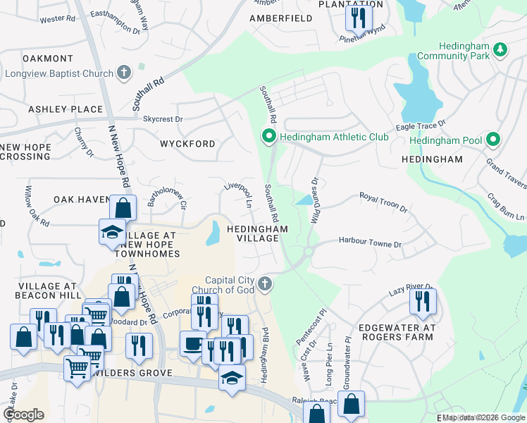 map of restaurants, bars, coffee shops, grocery stores, and more near 4713 Dillingham Court in Raleigh