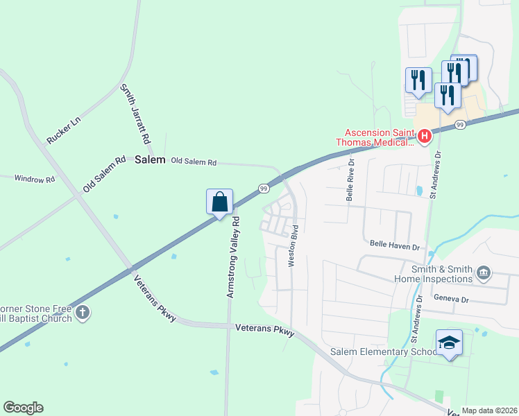 map of restaurants, bars, coffee shops, grocery stores, and more near 3120 Monrovia Drive in Murfreesboro