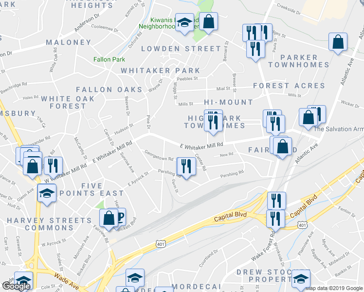map of restaurants, bars, coffee shops, grocery stores, and more near 513 East Whitaker Mill Road in Raleigh