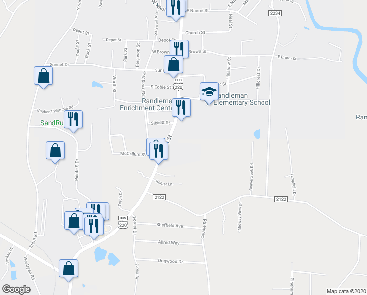 map of restaurants, bars, coffee shops, grocery stores, and more near 101 Windsor Place Circle in Randleman