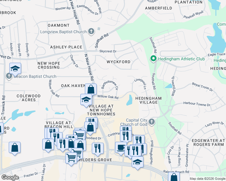 map of restaurants, bars, coffee shops, grocery stores, and more near 4412 Emmit Drive in Raleigh