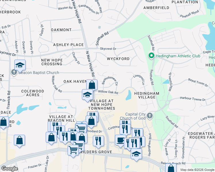 map of restaurants, bars, coffee shops, grocery stores, and more near 4412 Emmit Drive in Raleigh