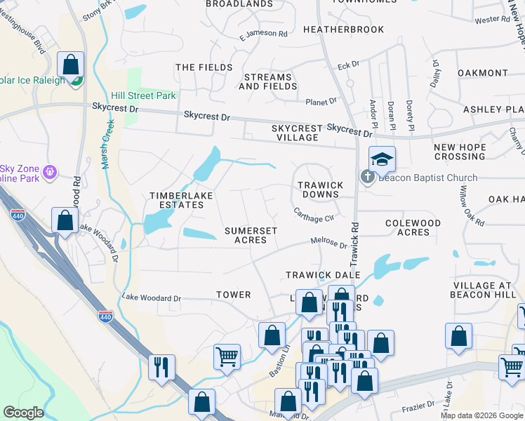 map of restaurants, bars, coffee shops, grocery stores, and more near 2104 Summerdale Drive in Raleigh