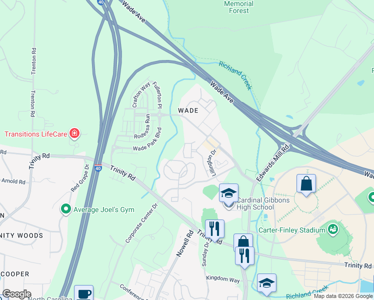map of restaurants, bars, coffee shops, grocery stores, and more near 5451 Markridge Road in Raleigh