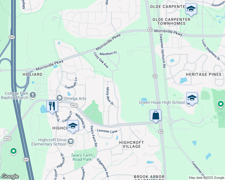 map of restaurants, bars, coffee shops, grocery stores, and more near 1149 Cozy Oak Avenue in Cary