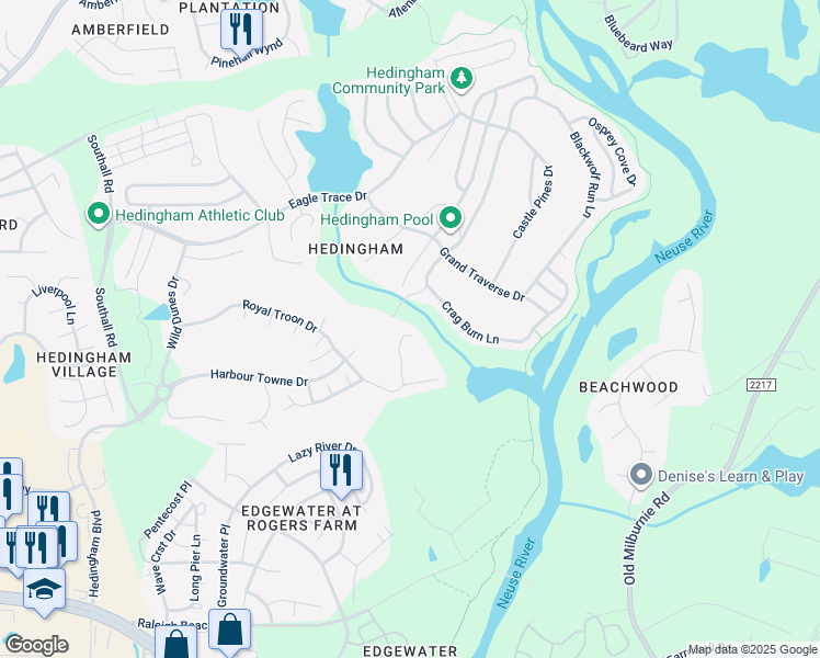 map of restaurants, bars, coffee shops, grocery stores, and more near 1549 Long Cove Court in Raleigh