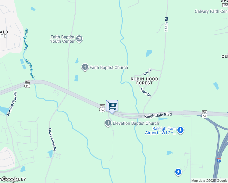 map of restaurants, bars, coffee shops, grocery stores, and more near 8517 Knightdale Boulevard in Knightdale
