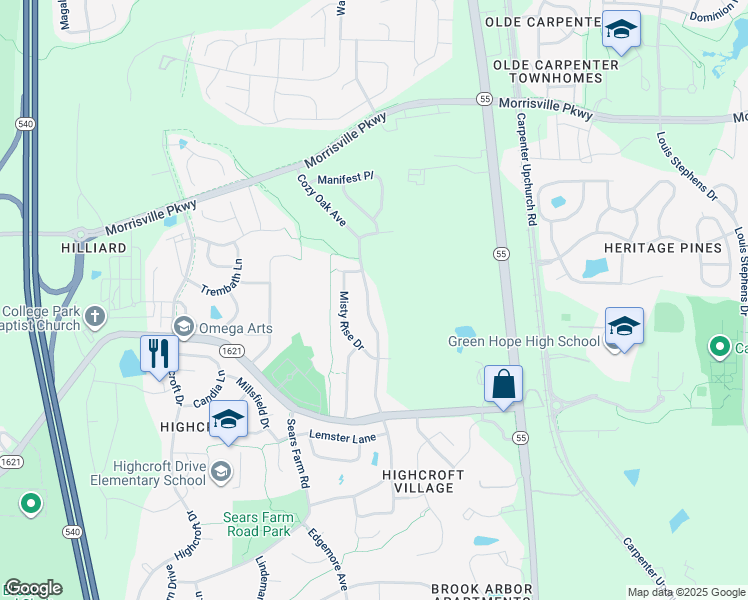 map of restaurants, bars, coffee shops, grocery stores, and more near 1148 Cozy Oak Avenue in Cary