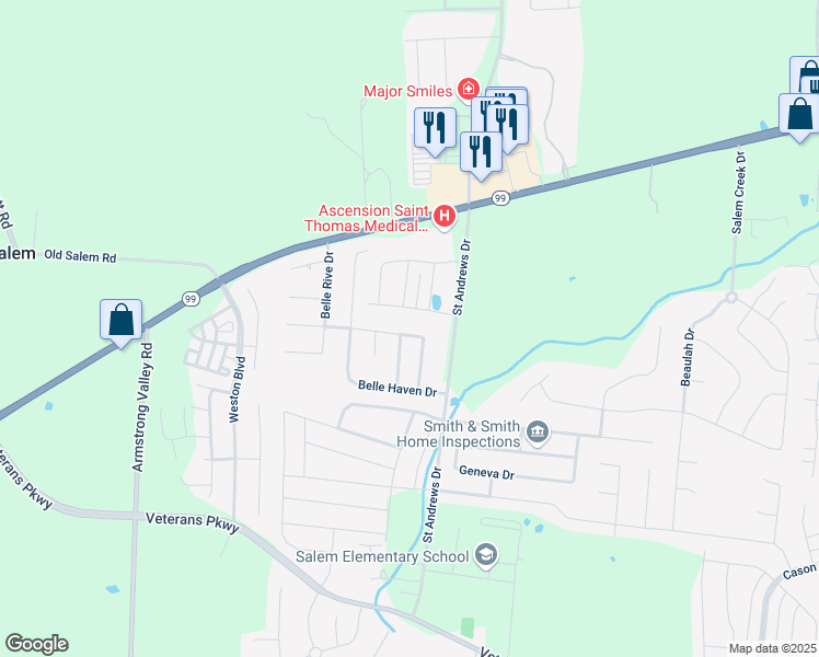 map of restaurants, bars, coffee shops, grocery stores, and more near 2818 Silver Springs Drive in Murfreesboro