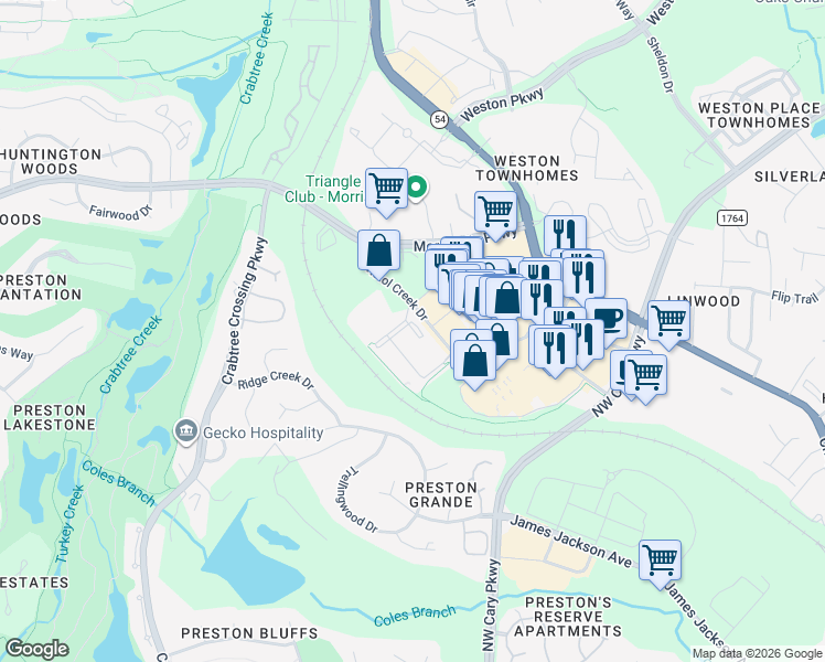 map of restaurants, bars, coffee shops, grocery stores, and more near 3024 Bristol Creek Drive in Morrisville