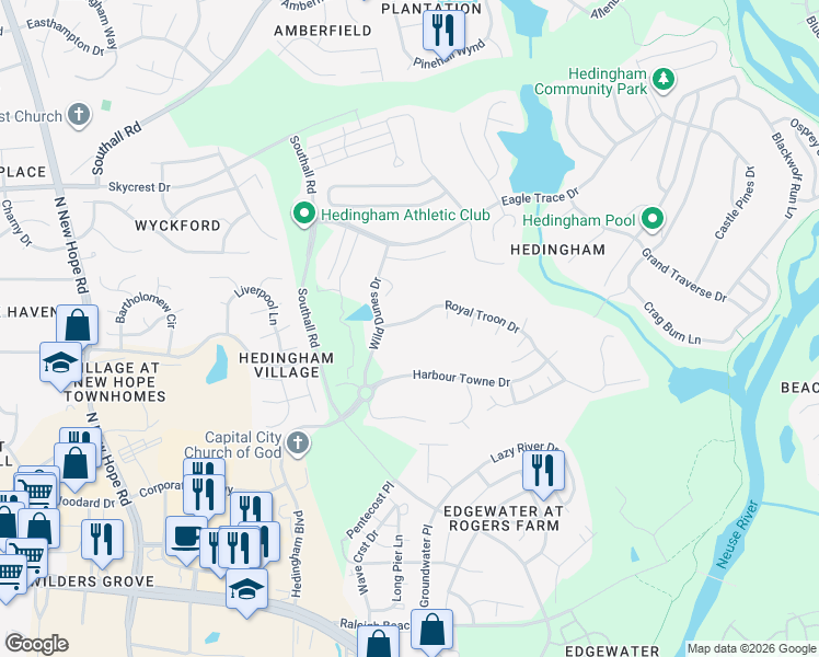 map of restaurants, bars, coffee shops, grocery stores, and more near 4712 Royal Troon Drive in Raleigh