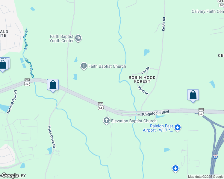 map of restaurants, bars, coffee shops, grocery stores, and more near 8517 Knightdale Boulevard in Knightdale