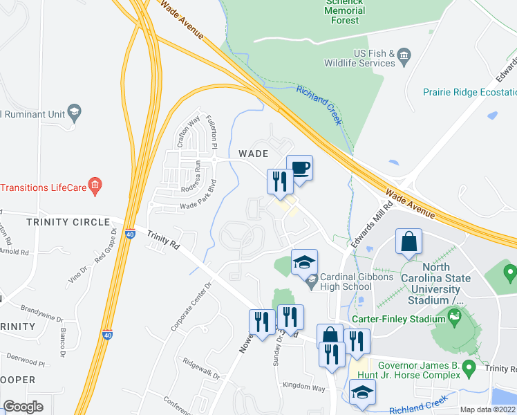 map of restaurants, bars, coffee shops, grocery stores, and more near Markridge Road in Raleigh