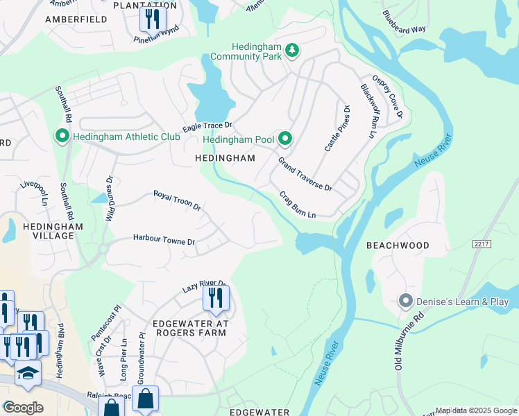 map of restaurants, bars, coffee shops, grocery stores, and more near 1549 Long Cove Court in Raleigh