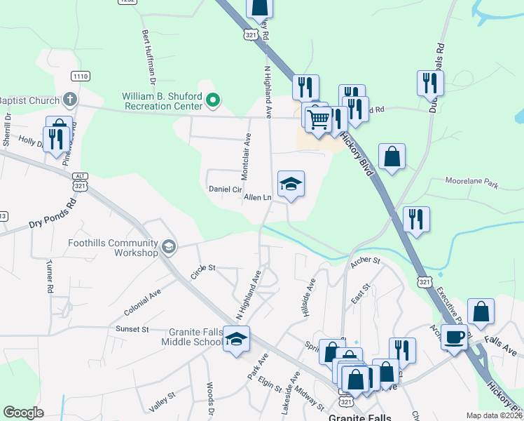 map of restaurants, bars, coffee shops, grocery stores, and more near 51 North Highland Avenue in Granite Falls