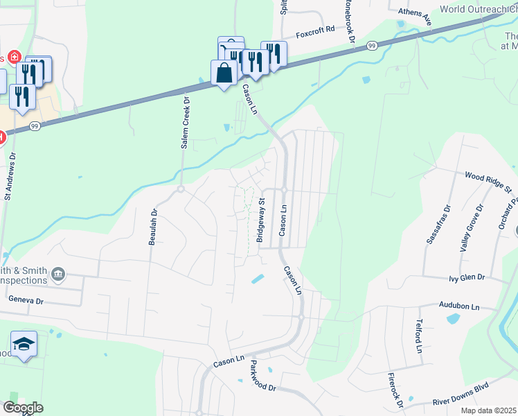 map of restaurants, bars, coffee shops, grocery stores, and more near 2357 Bridgeway Street in Murfreesboro