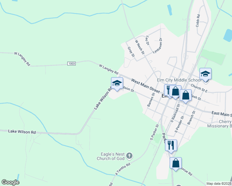 map of restaurants, bars, coffee shops, grocery stores, and more near 5544 Lake Wilson Road in Elm City