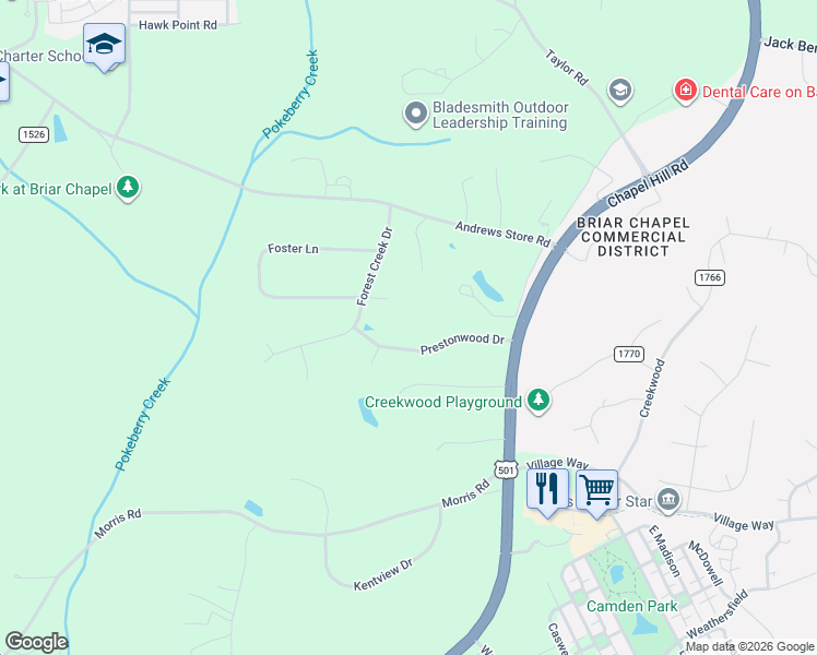 map of restaurants, bars, coffee shops, grocery stores, and more near 240 Prestonwood Drive in Pittsboro